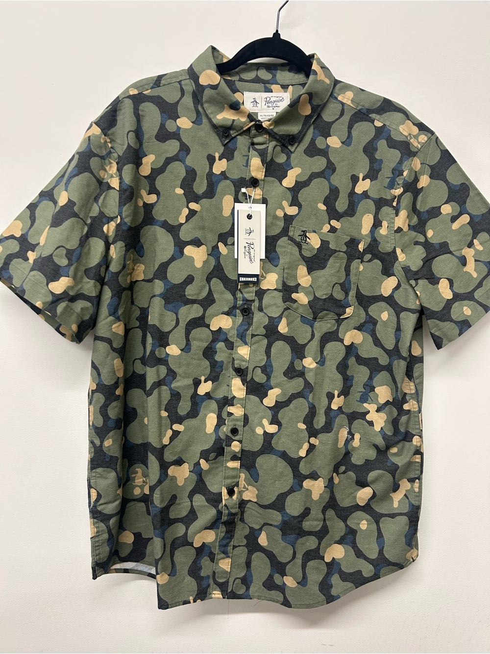 Original Penguin Men's Short Sleeve Camo Button-Down Shirt - Green/Tan/Black